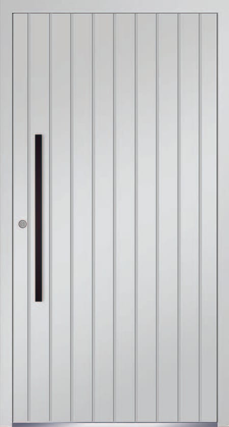 White aluminium front door with vertical slatted grooves and a black blade handle
