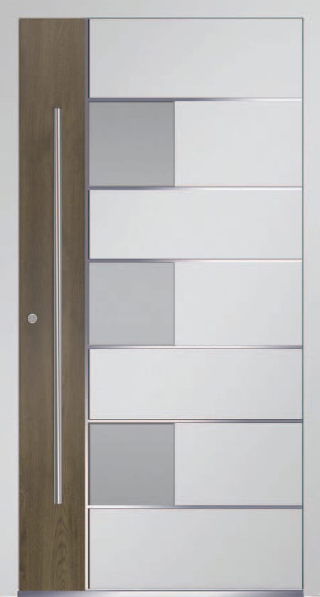 White aluminium front door with a walnut sidelight panel and frosted horizontal lights